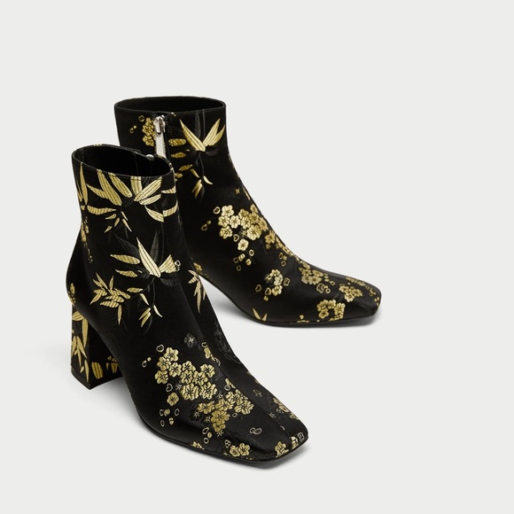 Zara Black High Heel Ankle Boot Gold Embroidery - Picture 4 of 7